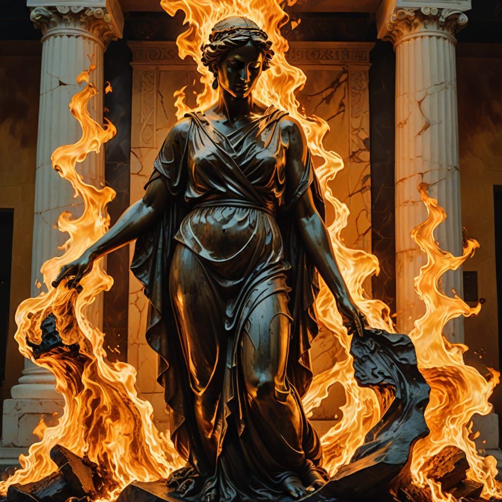 Melting Greek Statue in Fiery Surrealism