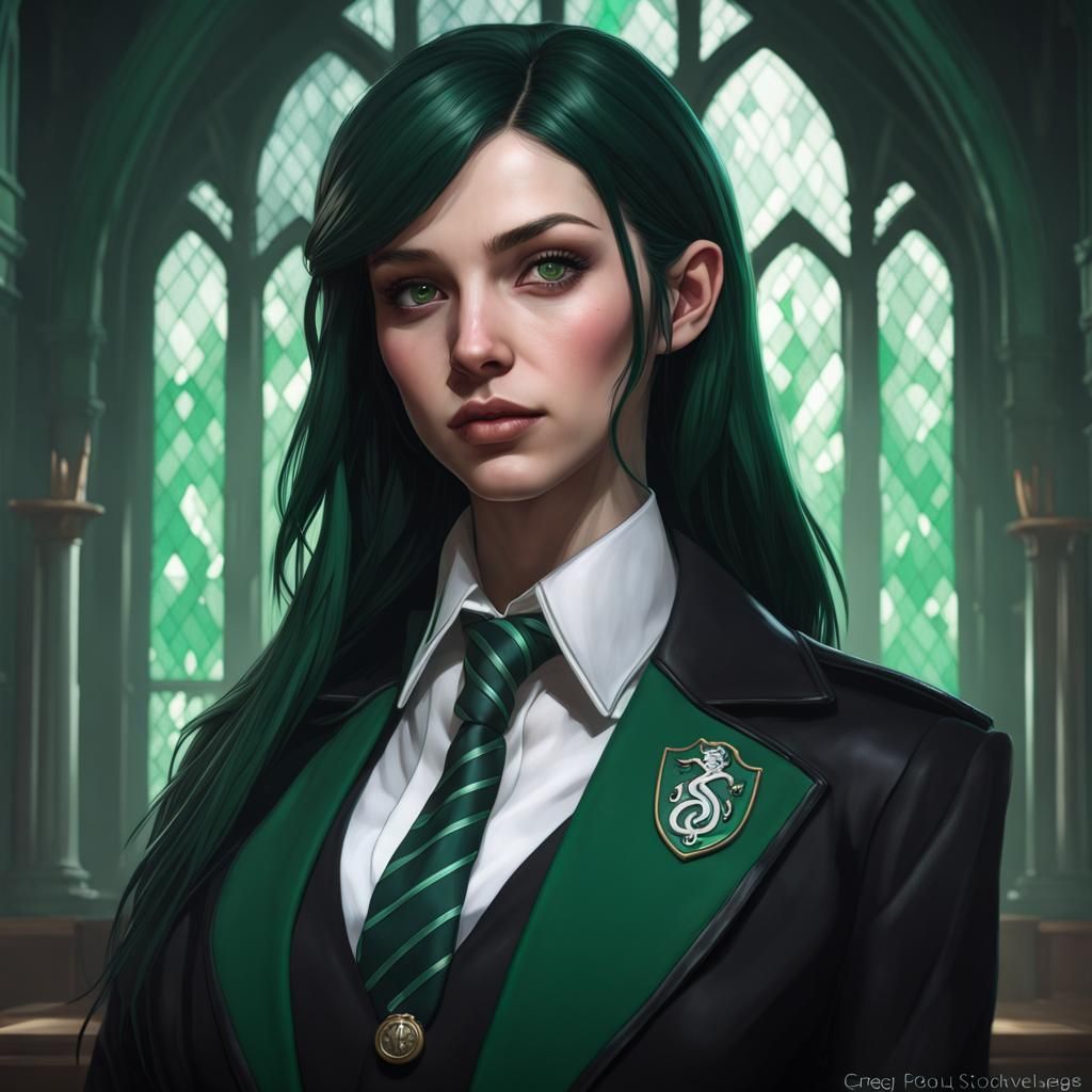 Goth Girl Slytherin Portrait in Digital Art Style