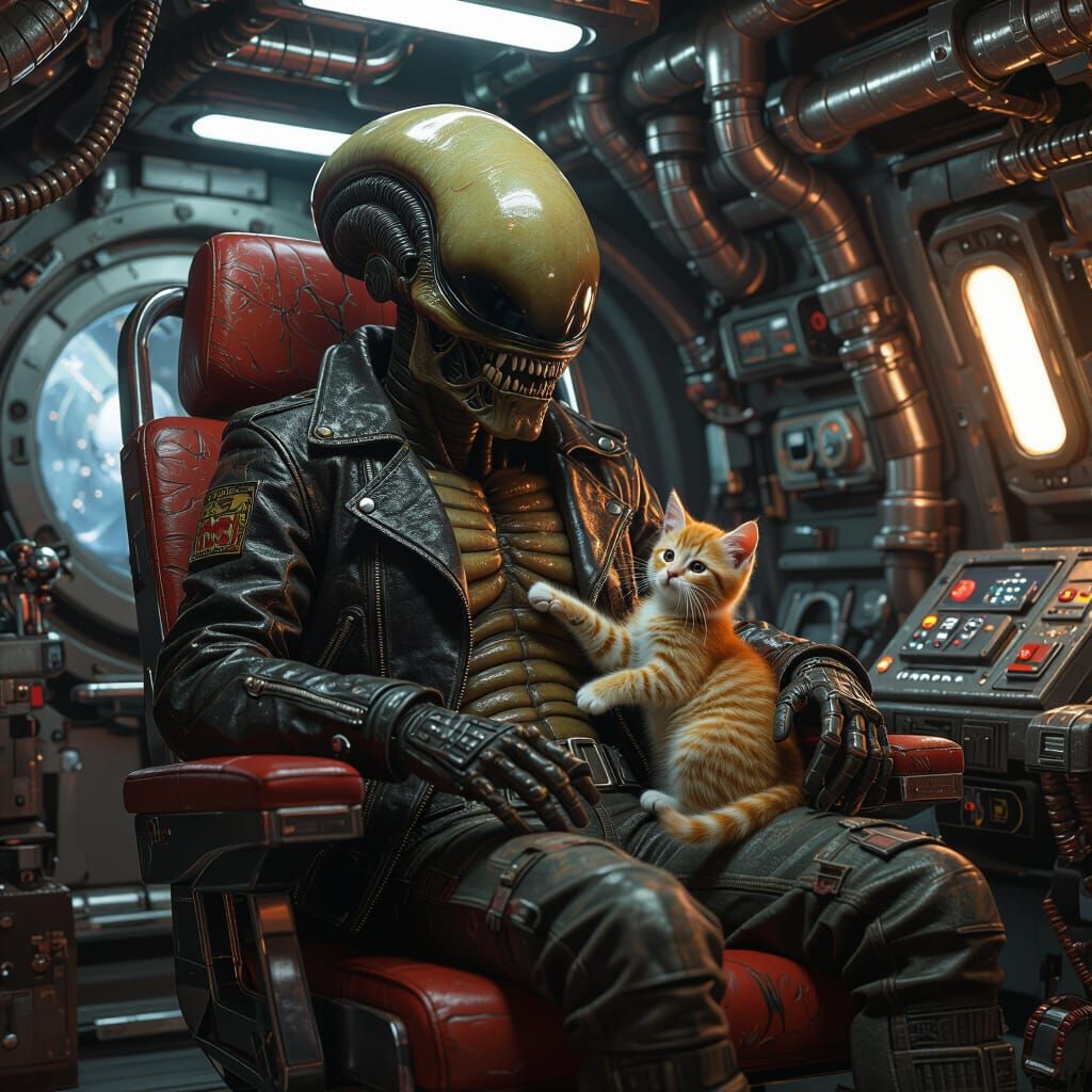 Alien Monster Petting Kitten in Spaceship Captains Chair