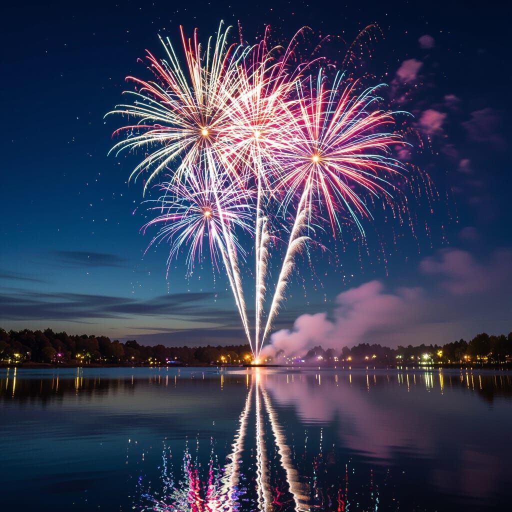 Fireworks Over Lake Reflecting Vivid Colors