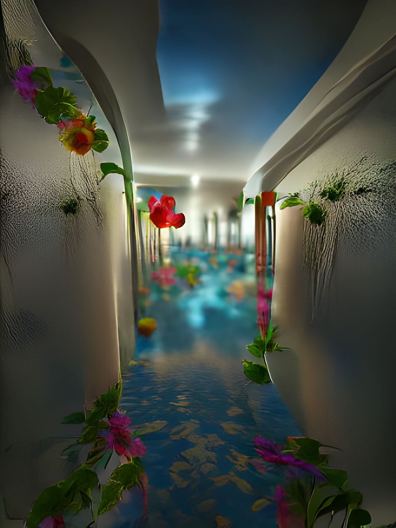 Surreal Flooded Hallway with Flowers in Liminal Style