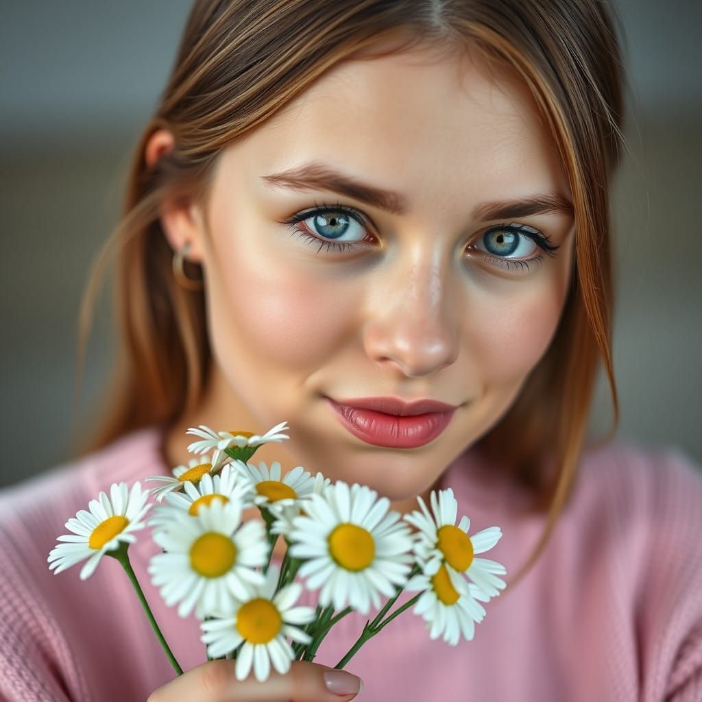 Warm Portrait of Young Woman with Daisies