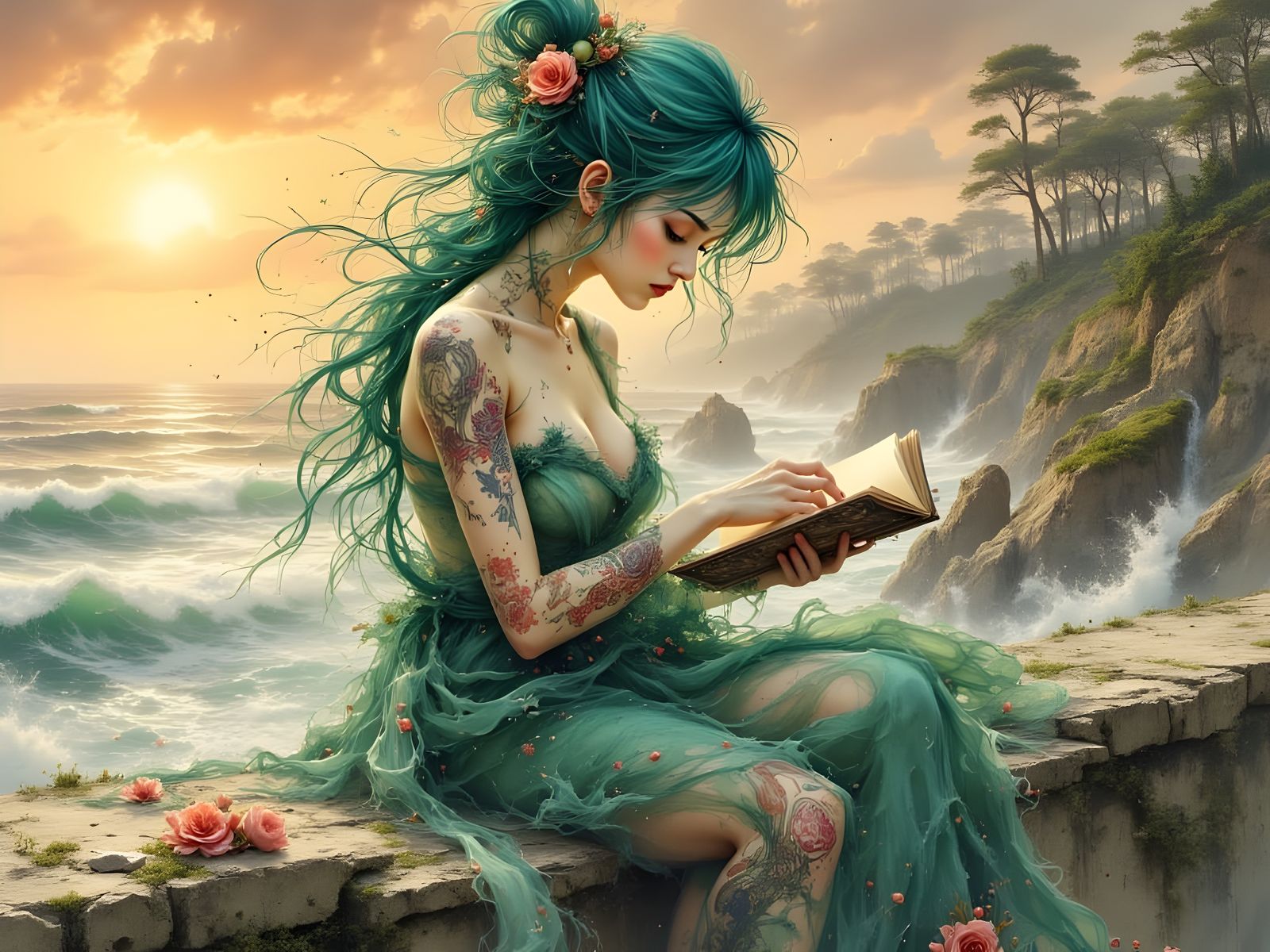 Japanese Woman Reading at Sunset in Watercolor Style