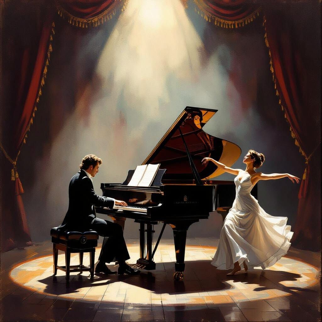 Maestro Plays Piano Amidst Dramatic Dance and Spotlight
