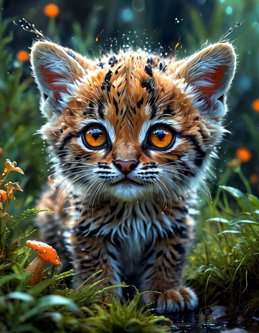 Whimsical Bobcat in Vibrant Mossy Wonderland