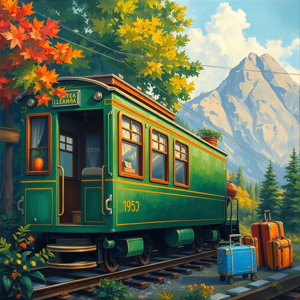 Whimsical Green Train Carriage Amidst Lush Trees and Mountai...