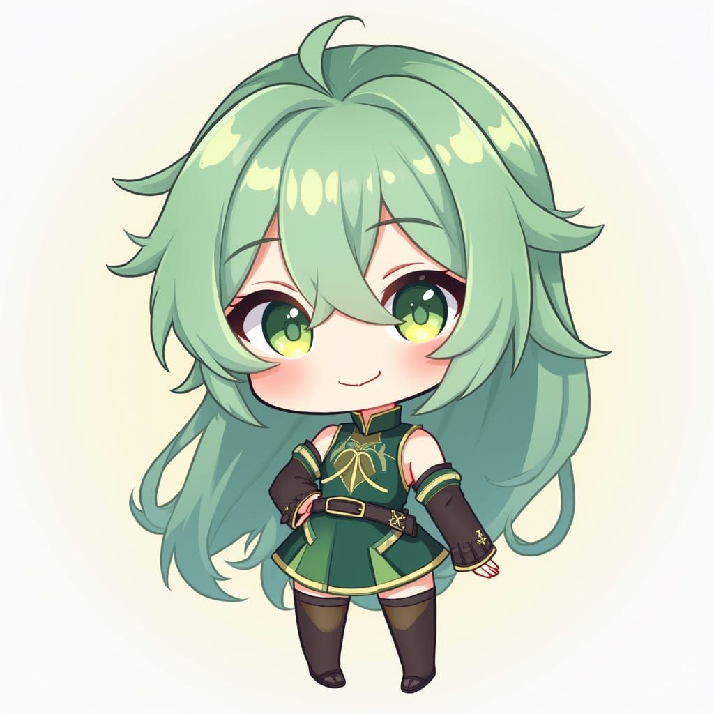 Green Haired Woman in Chibi Genshin Impact Style