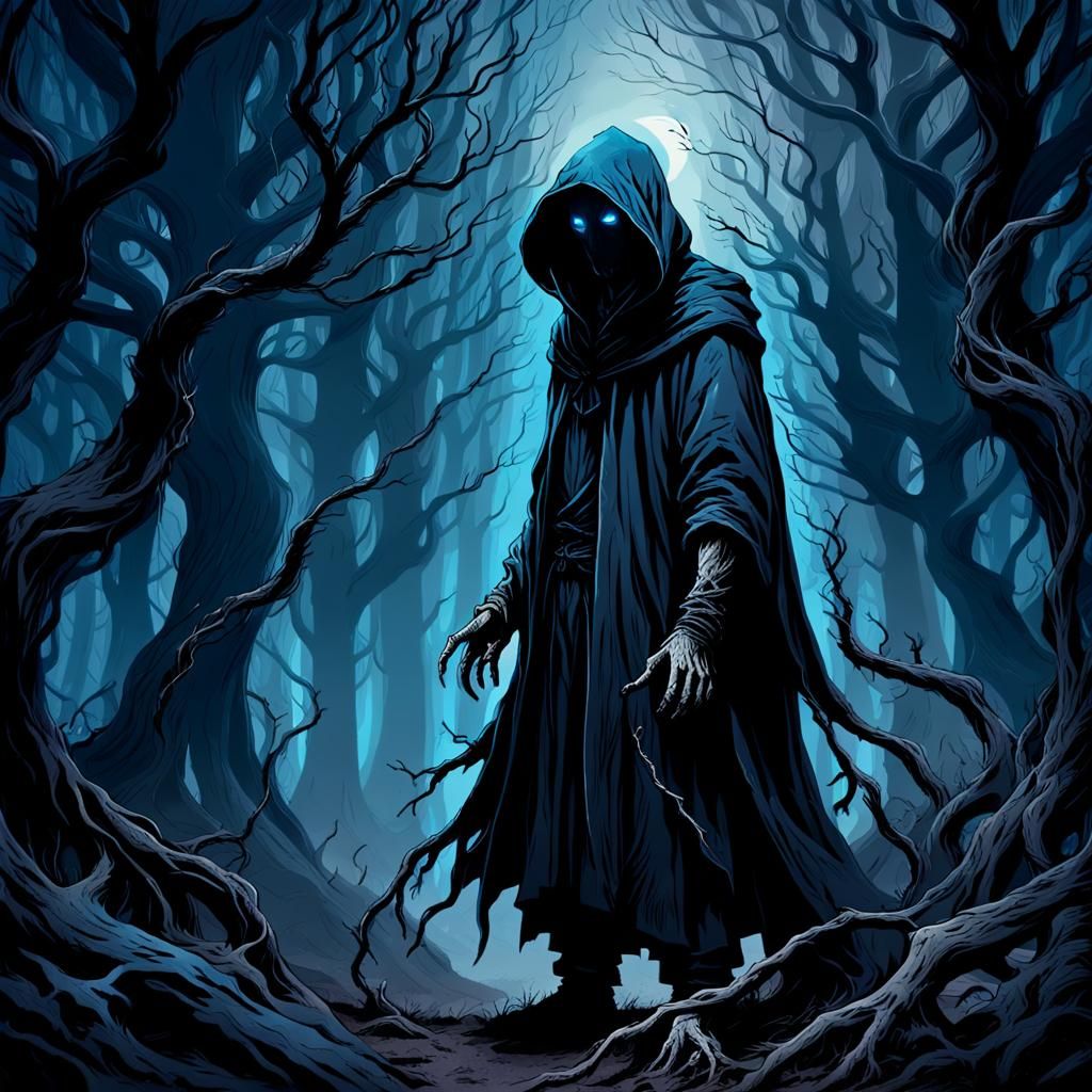 Mystical Hooded Figure in Dark Fantasy Forest