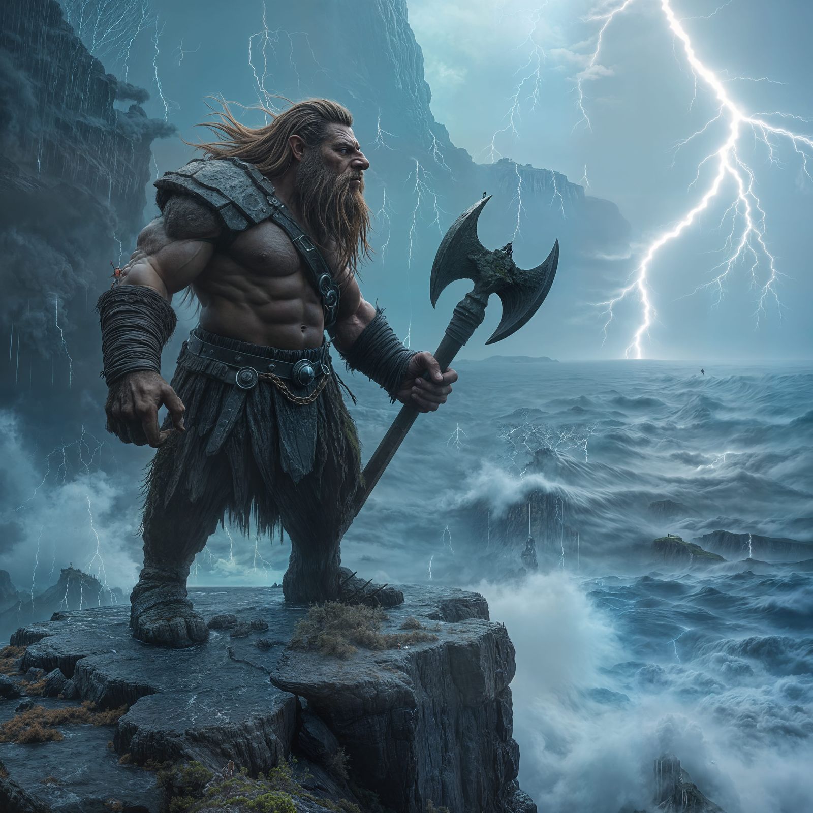 Troll Warrior on Cliff in Storm, 3D Animation