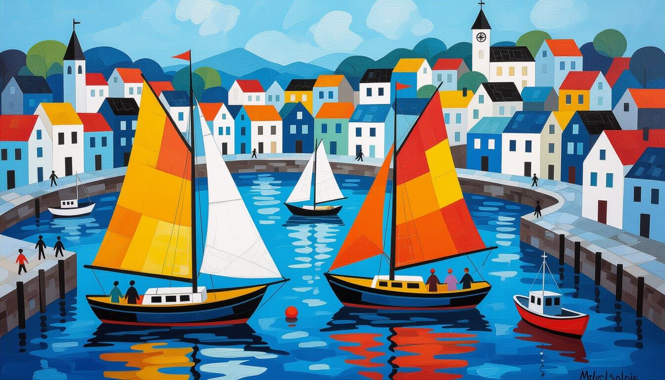 Vibrant Seaside Harbor Painting with Orange Sailboats