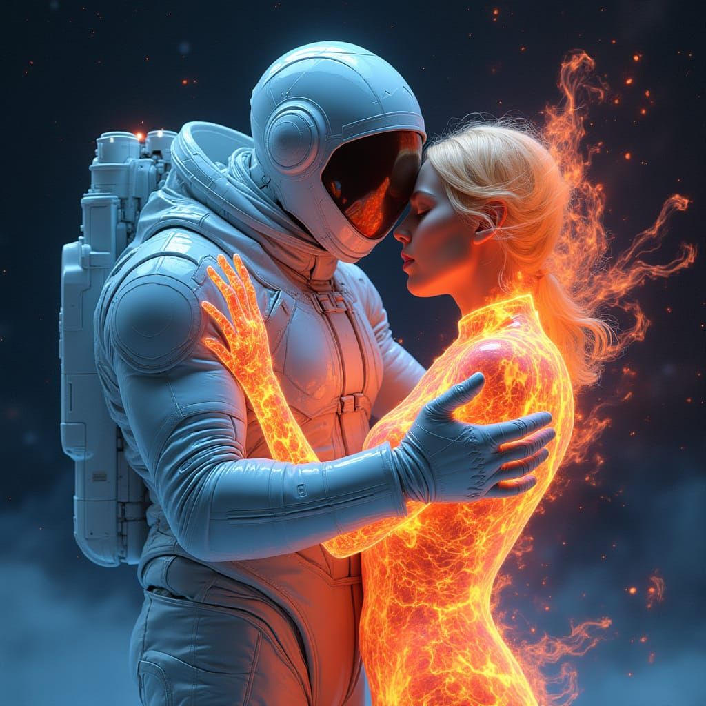 Fiery Cosmic Love in Futuristic Space