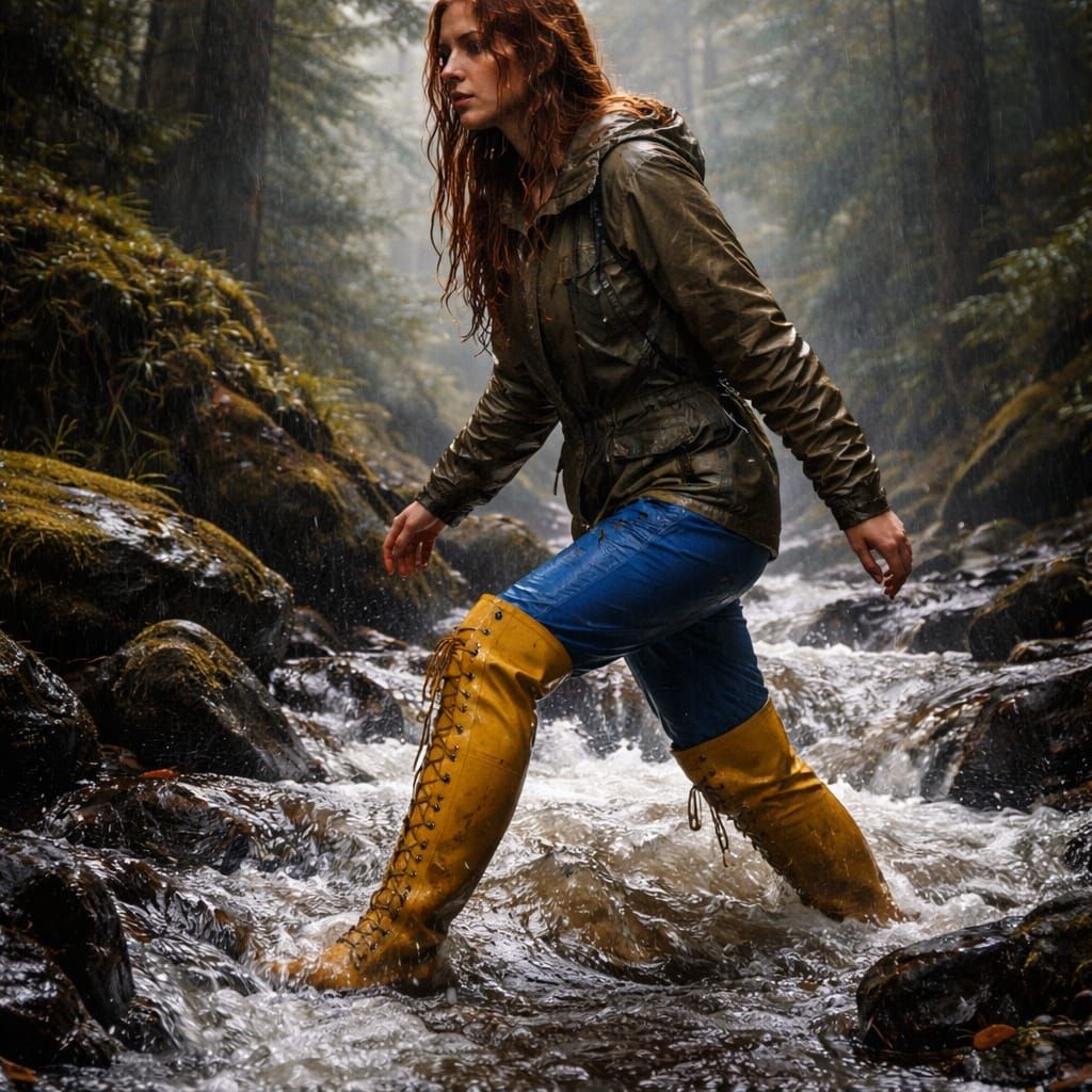 Redhead Woman Wades Through Forest Stream in Detailed Matte ...