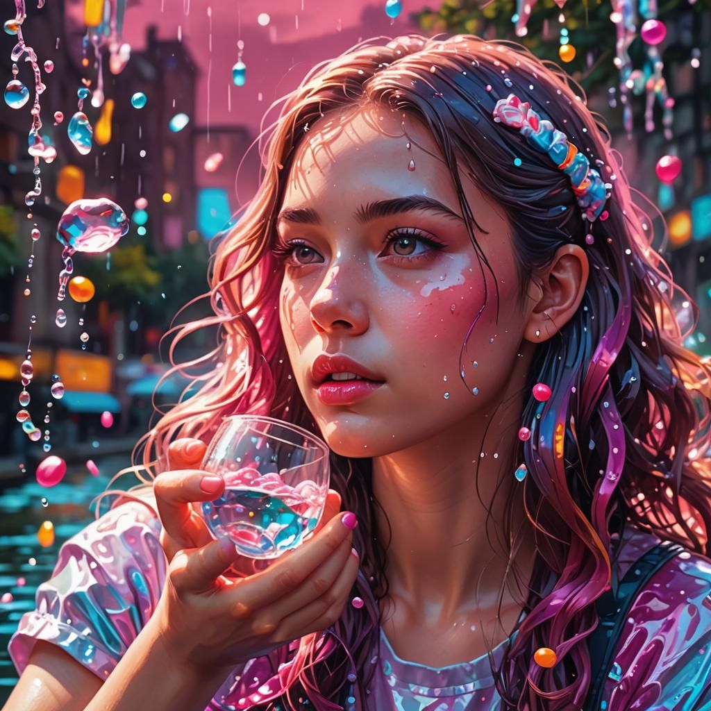 Girl Drinking River Water in Candy Art Style