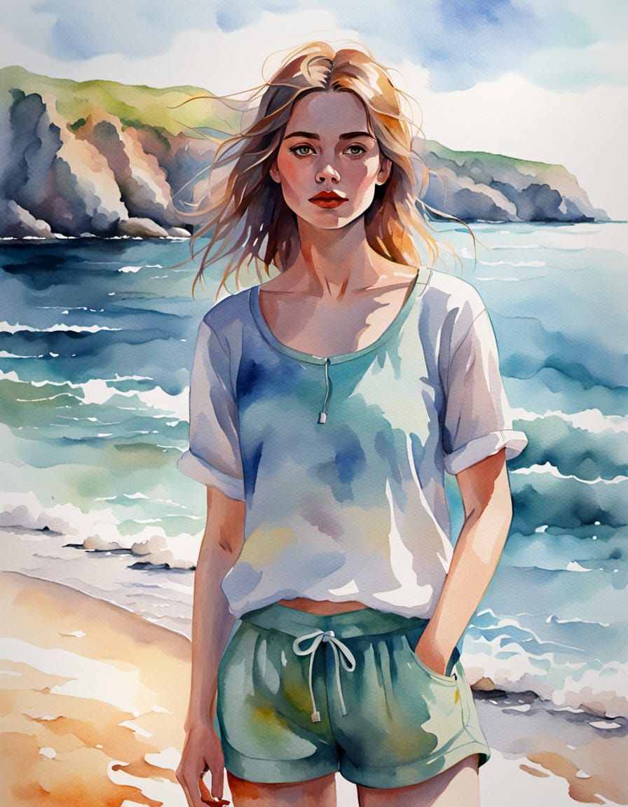 Impressionist Watercolour of Girl by Sea