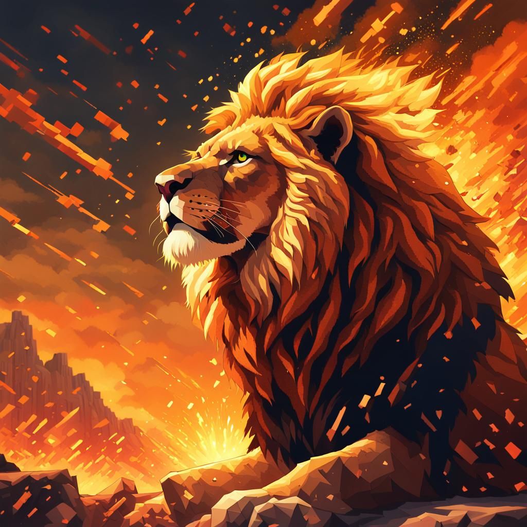 Majestic Lion in Explosive Pixel Art Fantasy