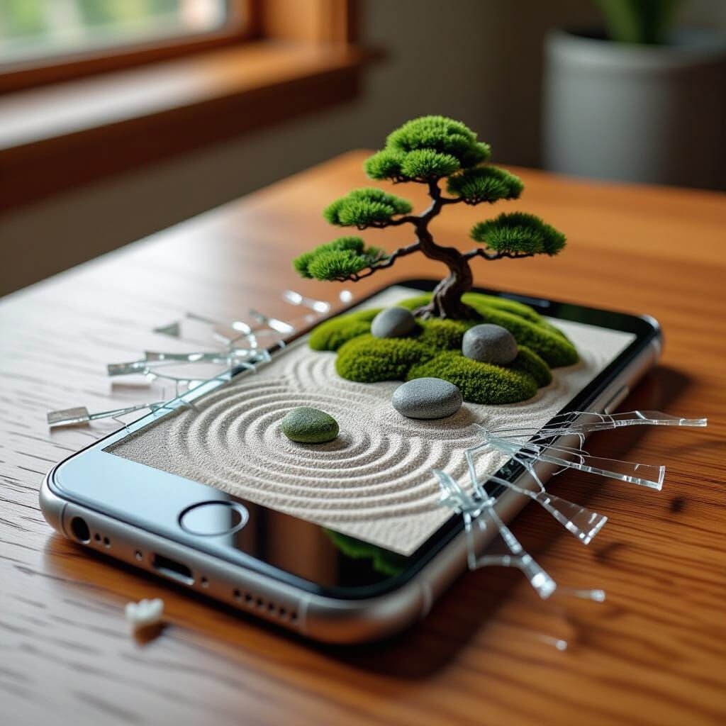 Zen Garden Inside Cracked Smartphone: Matte Painting