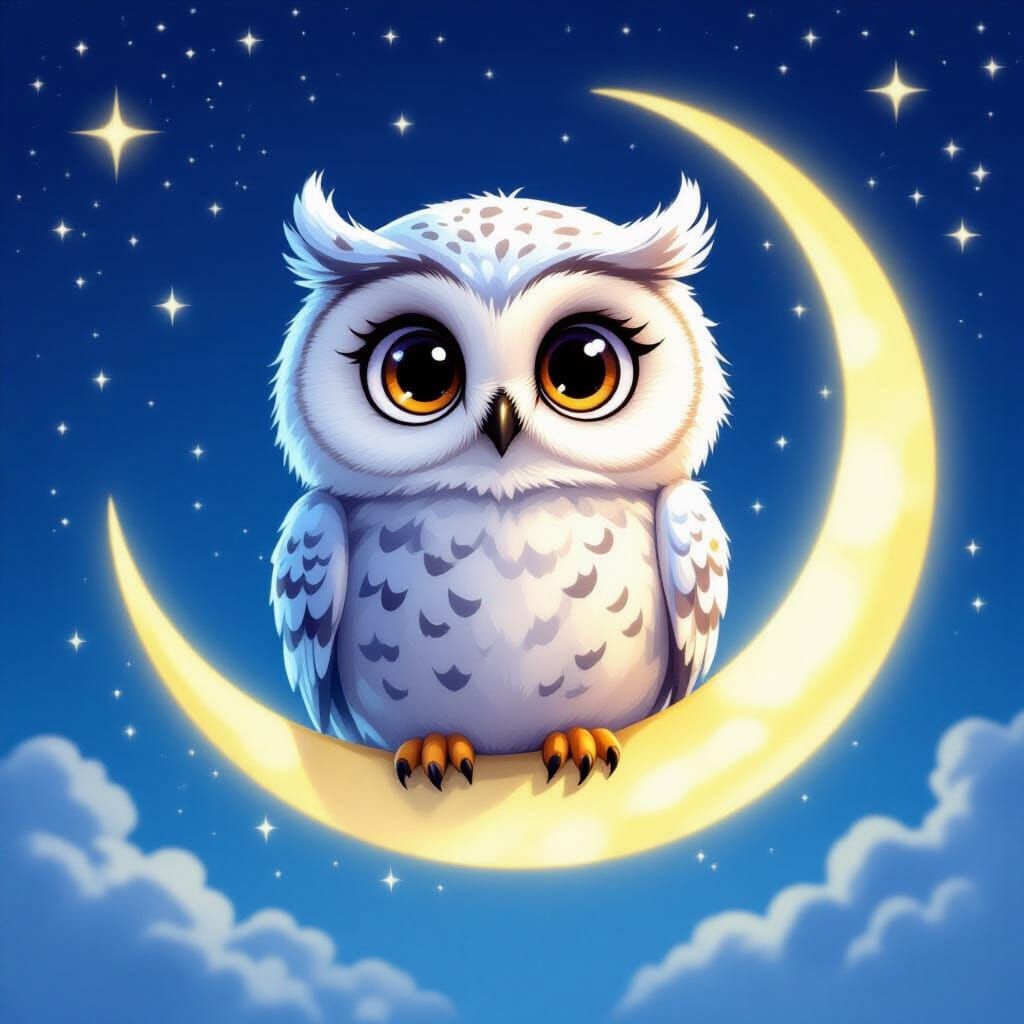 Cute Snow Owl on Moon in Fantasy Style
