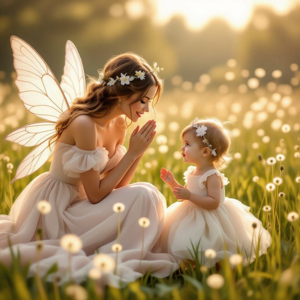 Fairy Whispering to Toddler in Dandelion Field