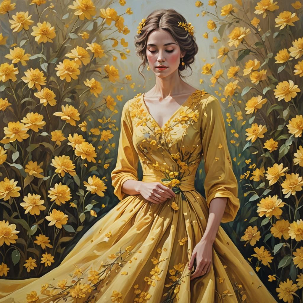 An enchanting oil painting of a woman wearing a gorgeous Yellow gown with flowers