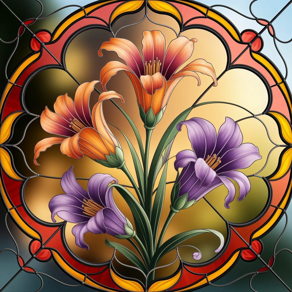 Vibrant Flowers Shine Through Stained Glass Window in a Kale...