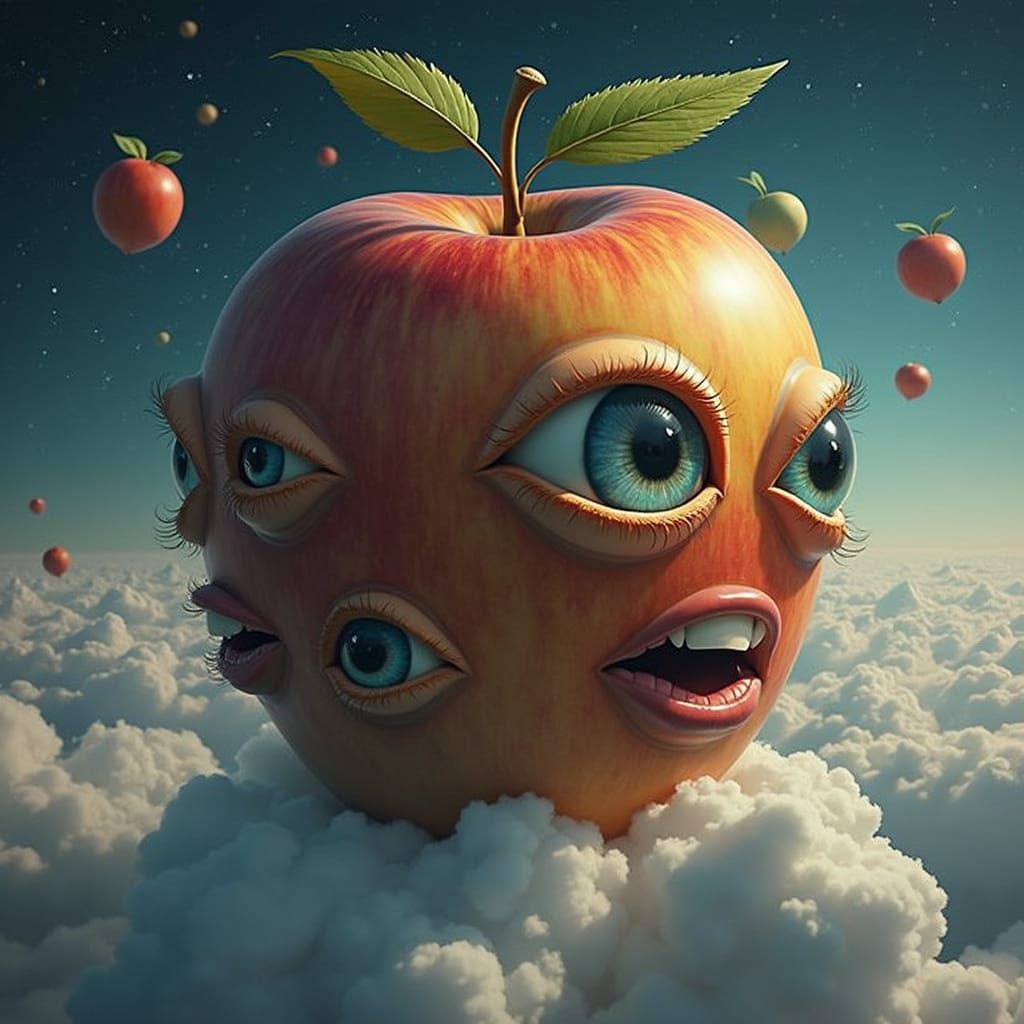 Cosmic Apple with Eyes, in Vapourwave Hyperrealism