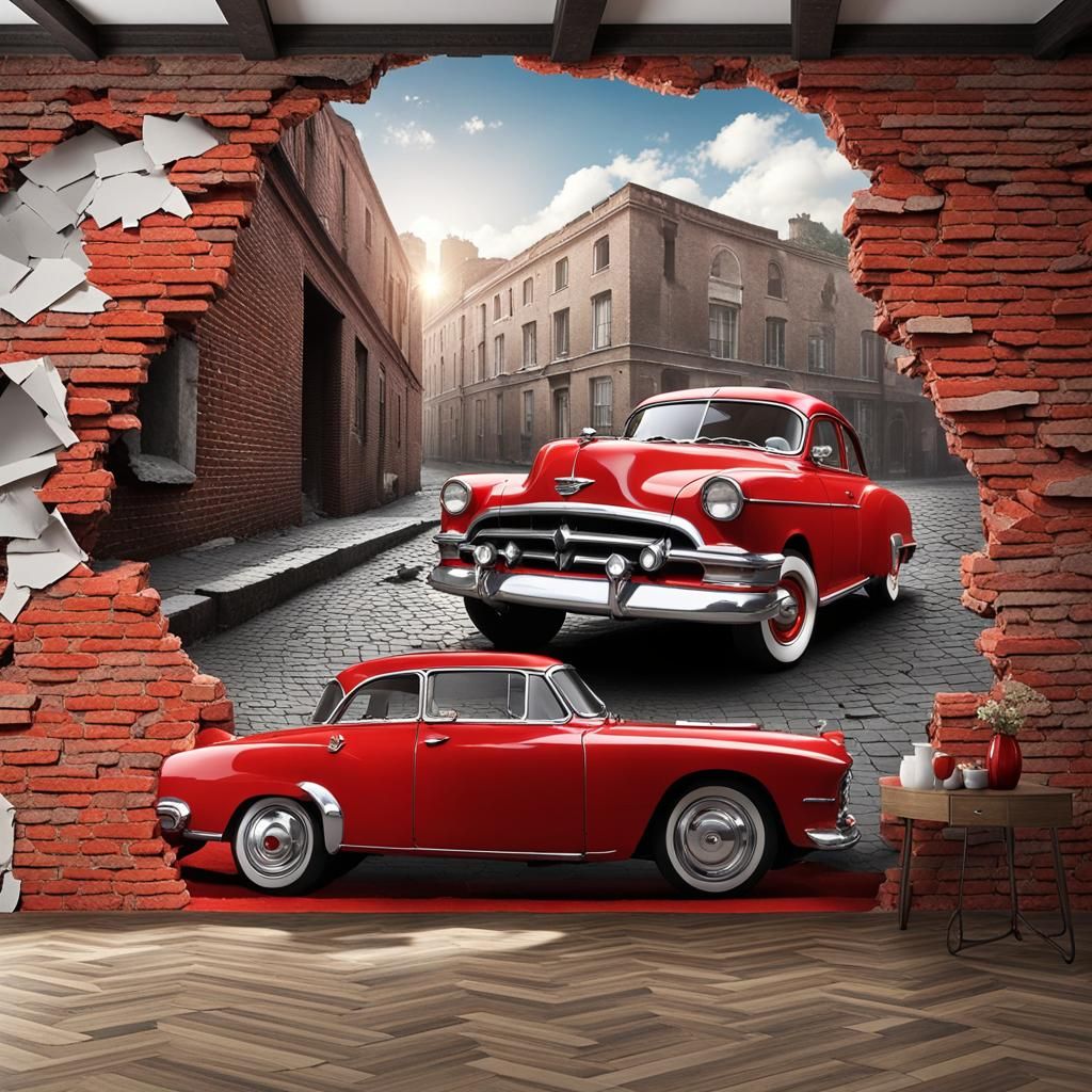 Red Classic Car Breaks Through 3D Brick Wall