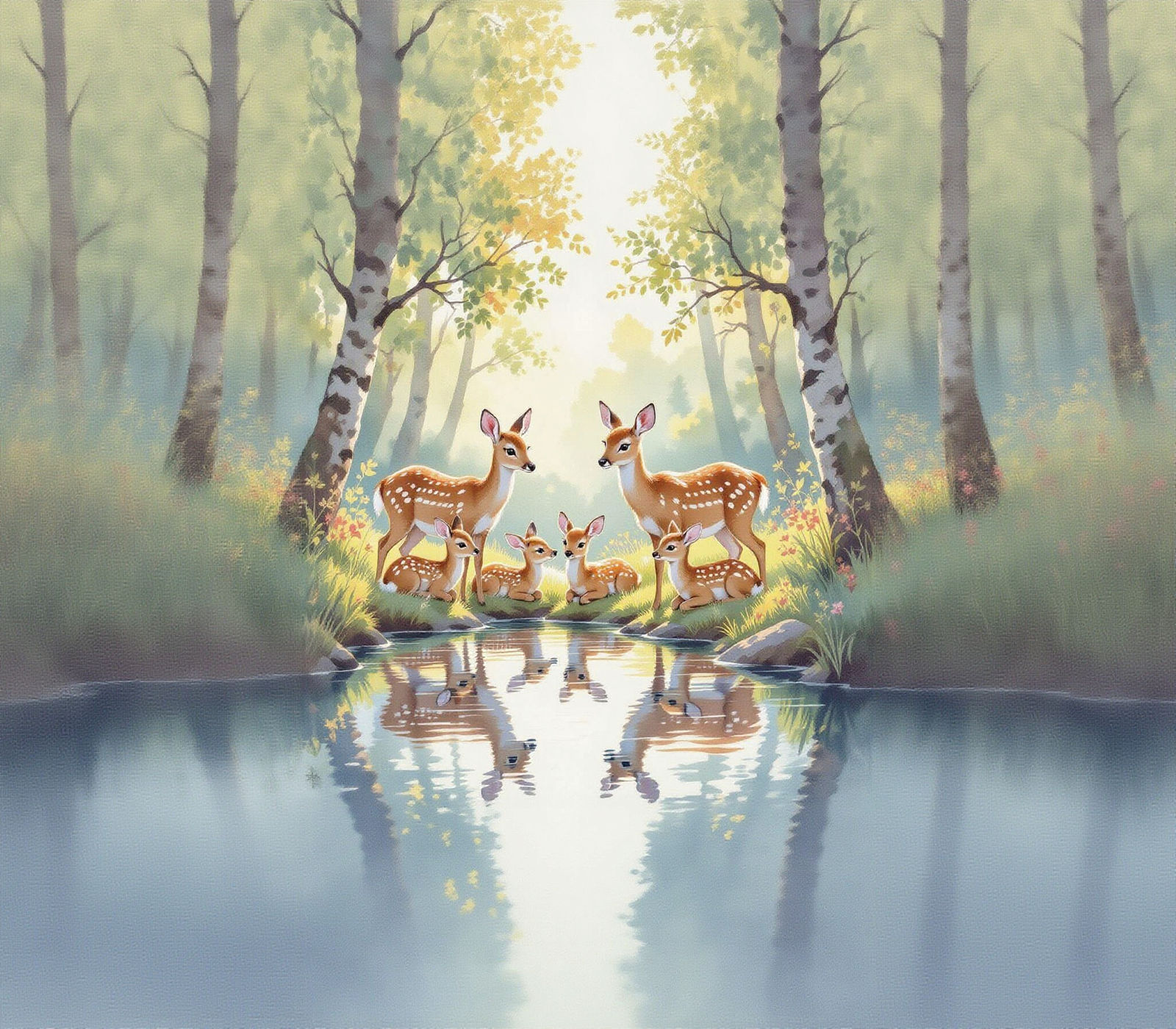 Deer Family at Forest Pool in Watercolor Style