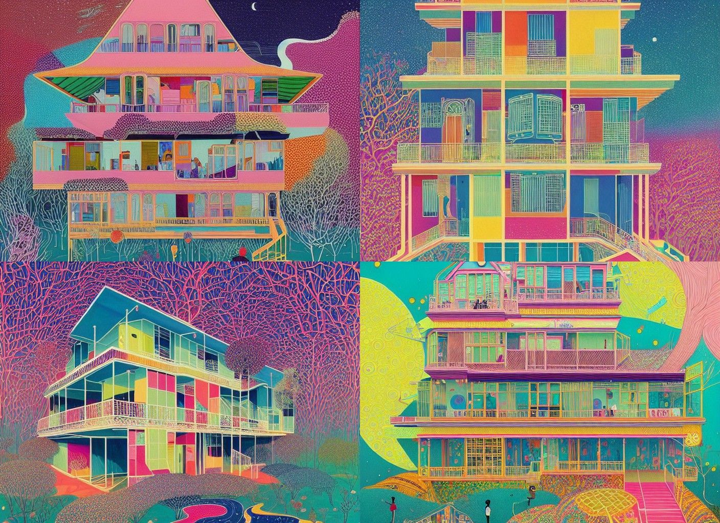 A Beautiful Painting of A Strange Colourful and Complex House by Victo Ngai