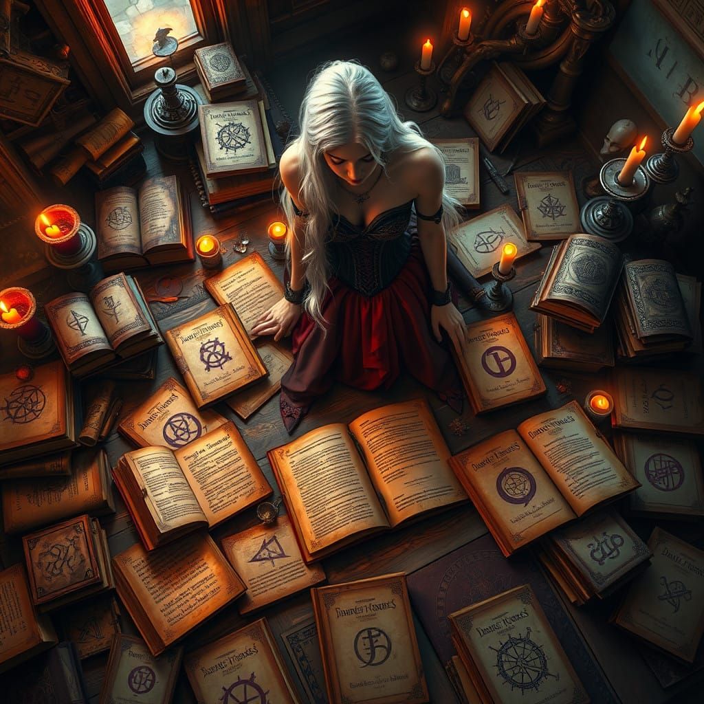 Elegant Woman Amidst Ancient Tomes in Golden Light