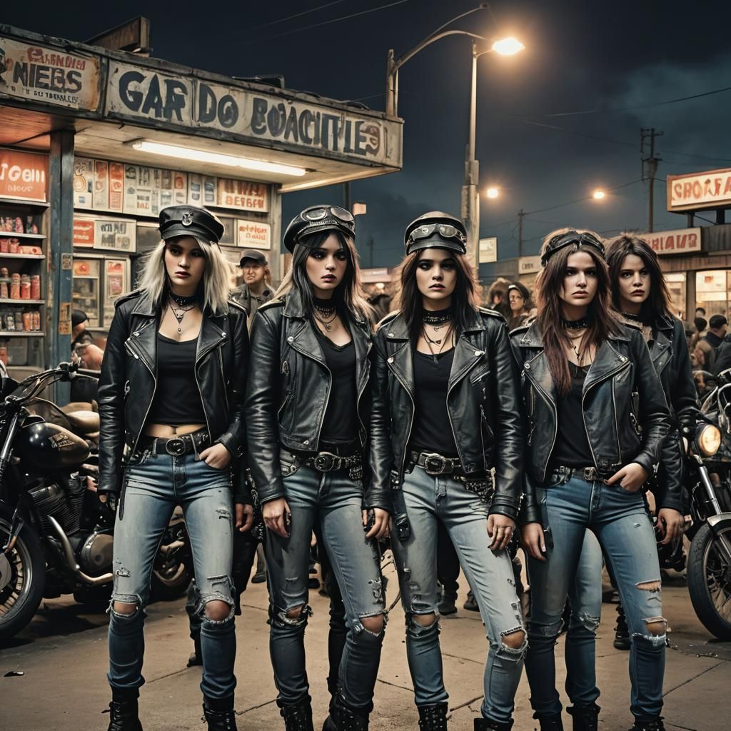 Intimidating Women Gather at Gas Station in Gothic Style