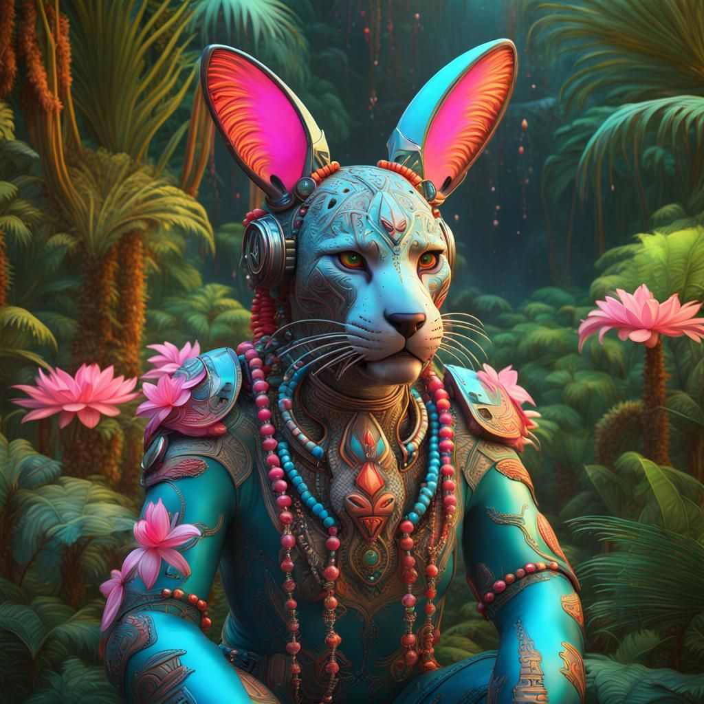 Navajo Jaguar Bunny in Tropical Jungle Art