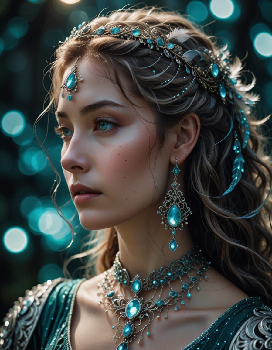 Ethereal Baroque Fantasy Portrait with Delicate Chain and Gl...