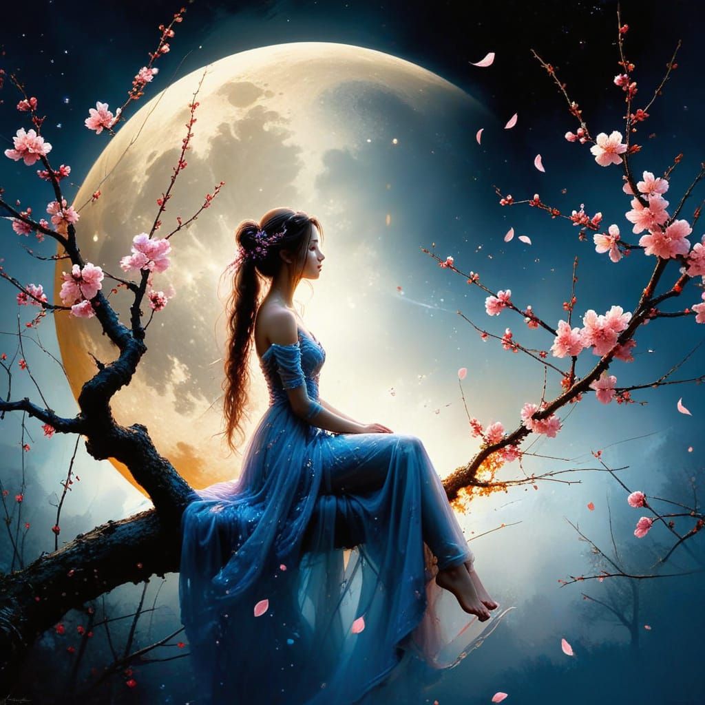 Serene Cherry Blossom Moonlit Scene in Whimsical Style