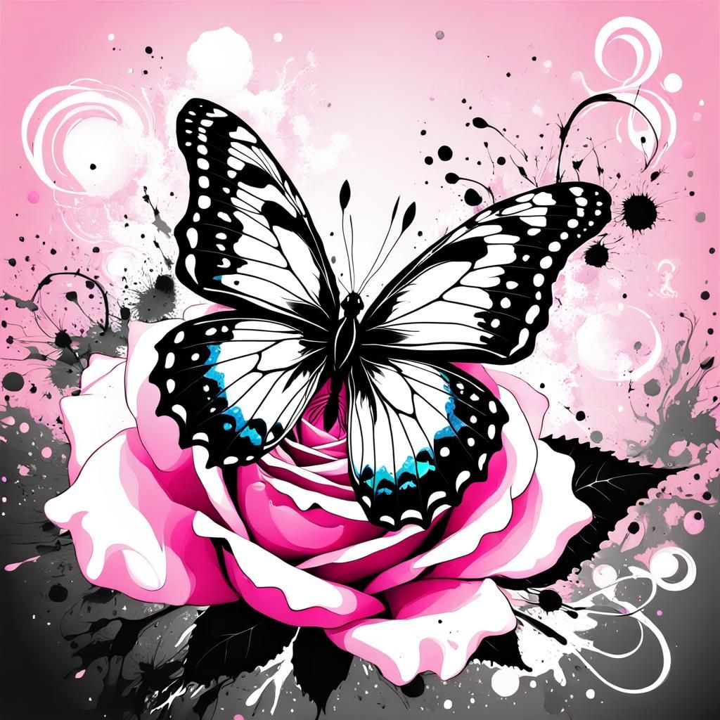Butterfly on Rose with Ink Splatter Concept Art