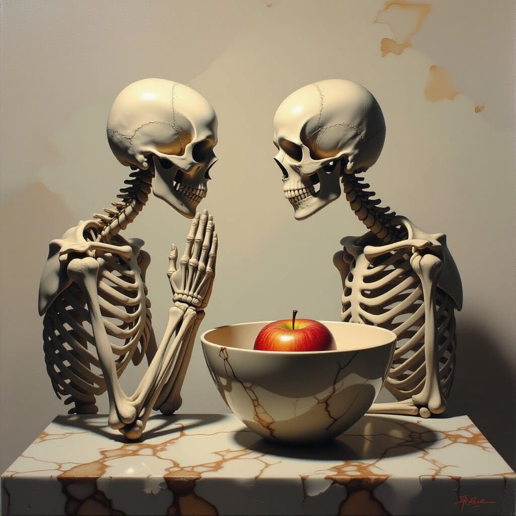 Skeletal Figure in Prayer with Giant Apple Seed