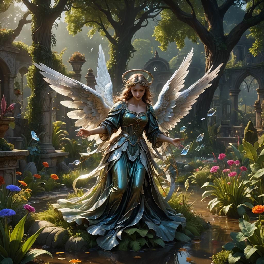 Surreal Crystal Angel in Beautiful Garden