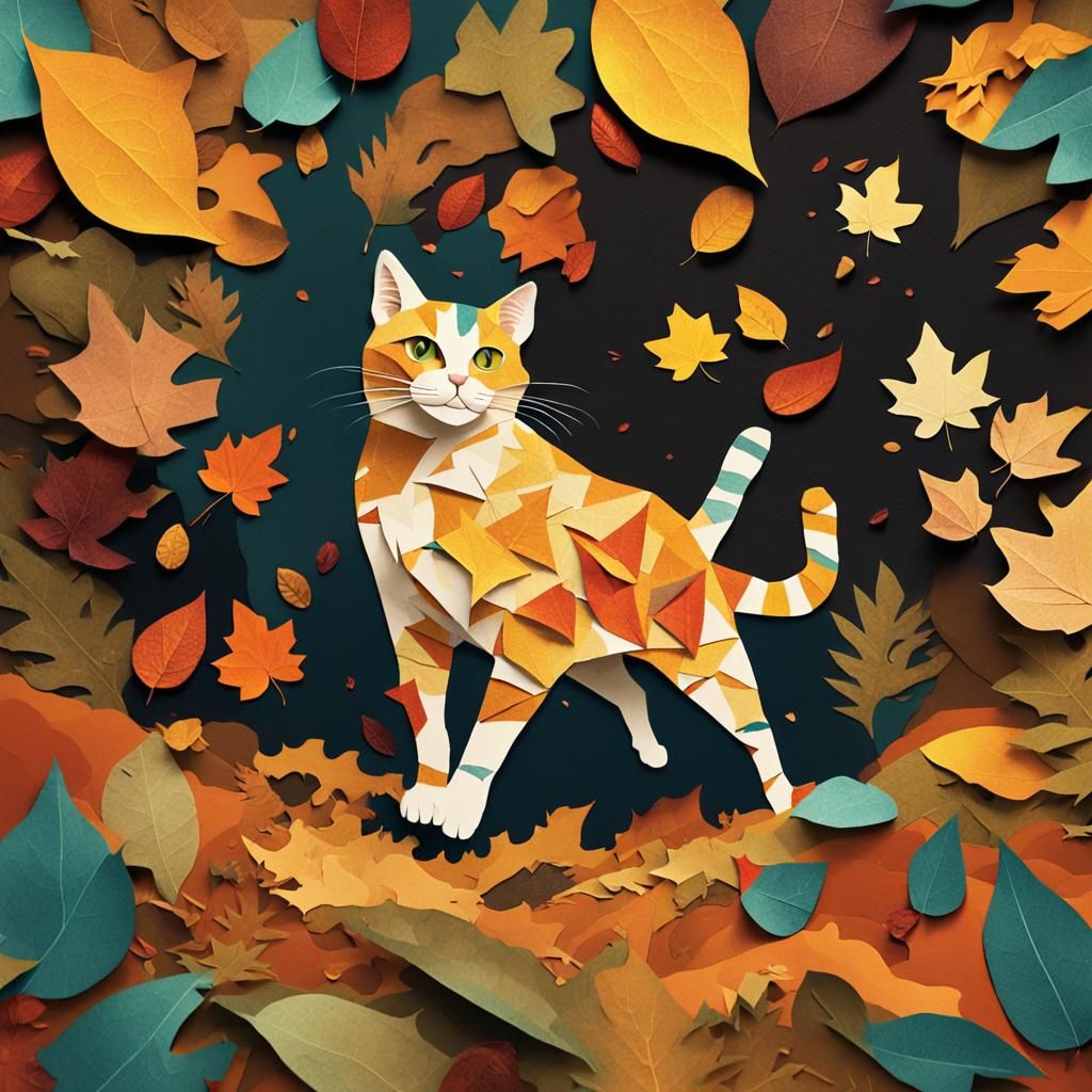 Whimsical Paper Collage: Cat Pouncing in Autumn
