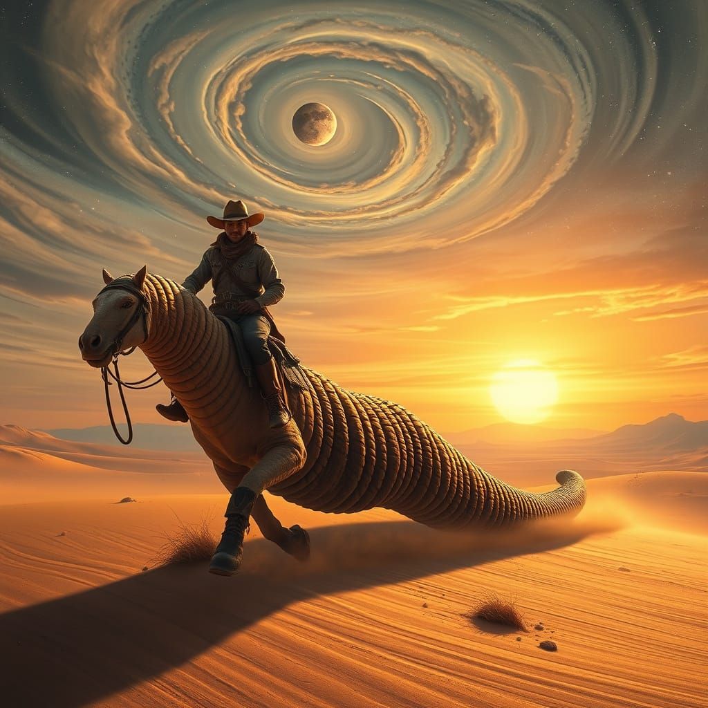 Cowboy Rides Sandworm on Alien Desert Planet