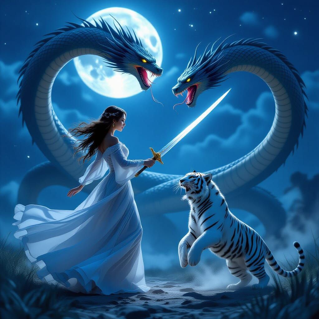 Woman Battles Serpent with Tiger in Moonlight