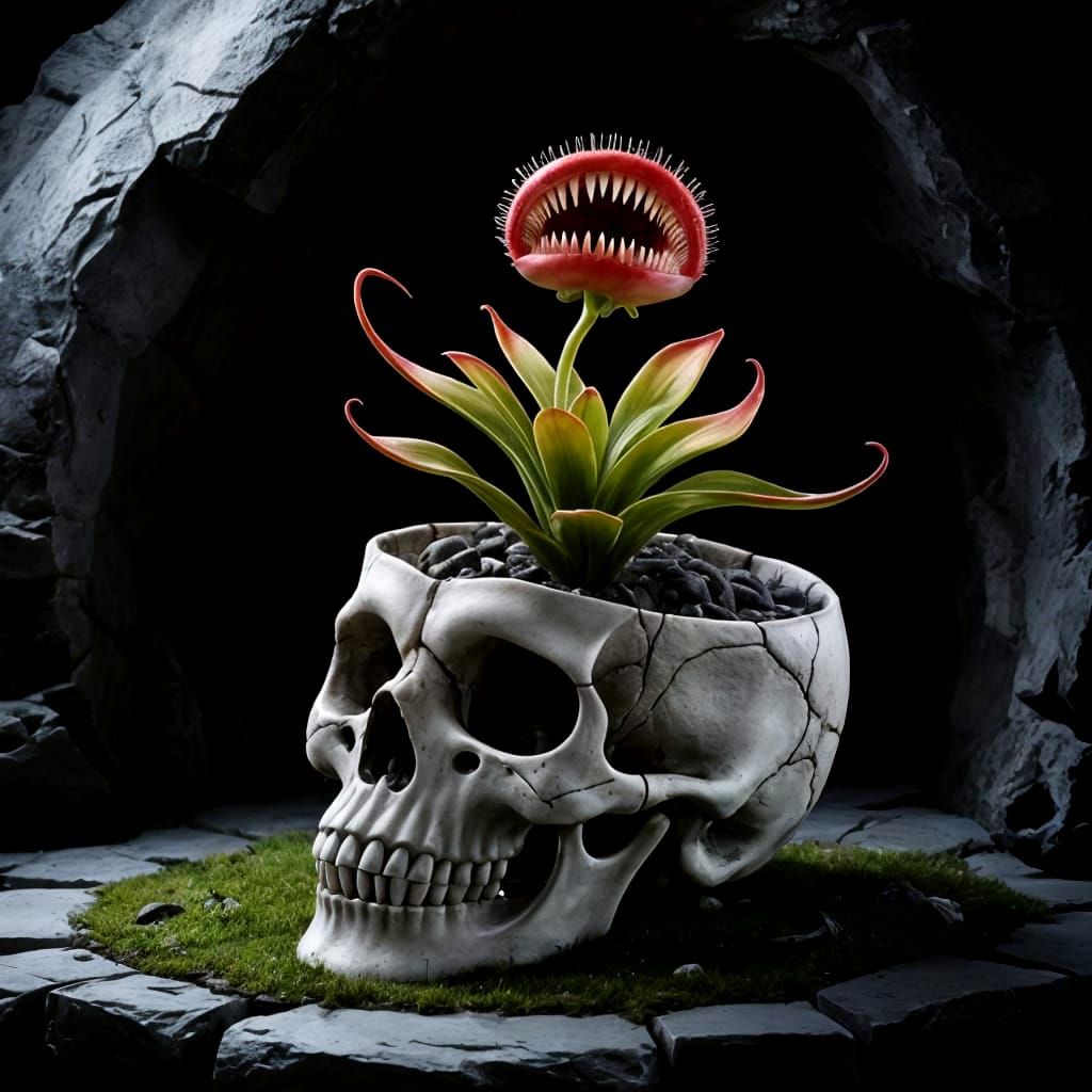 Gothic Carnivorous Plant Blooming in Skull