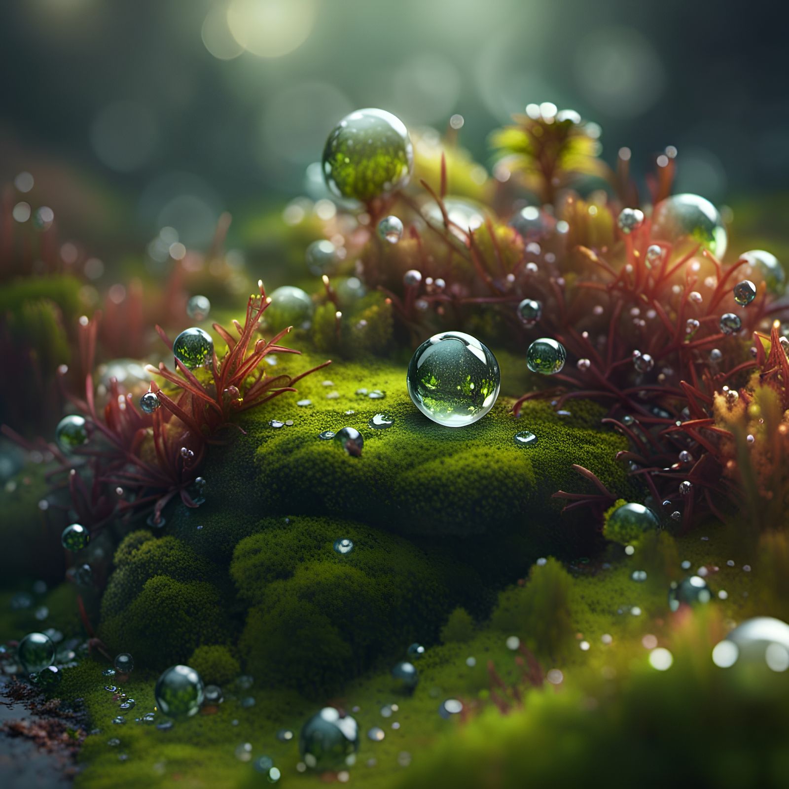 Glittering Dew Drops on Moss: Detailed Matte Painting