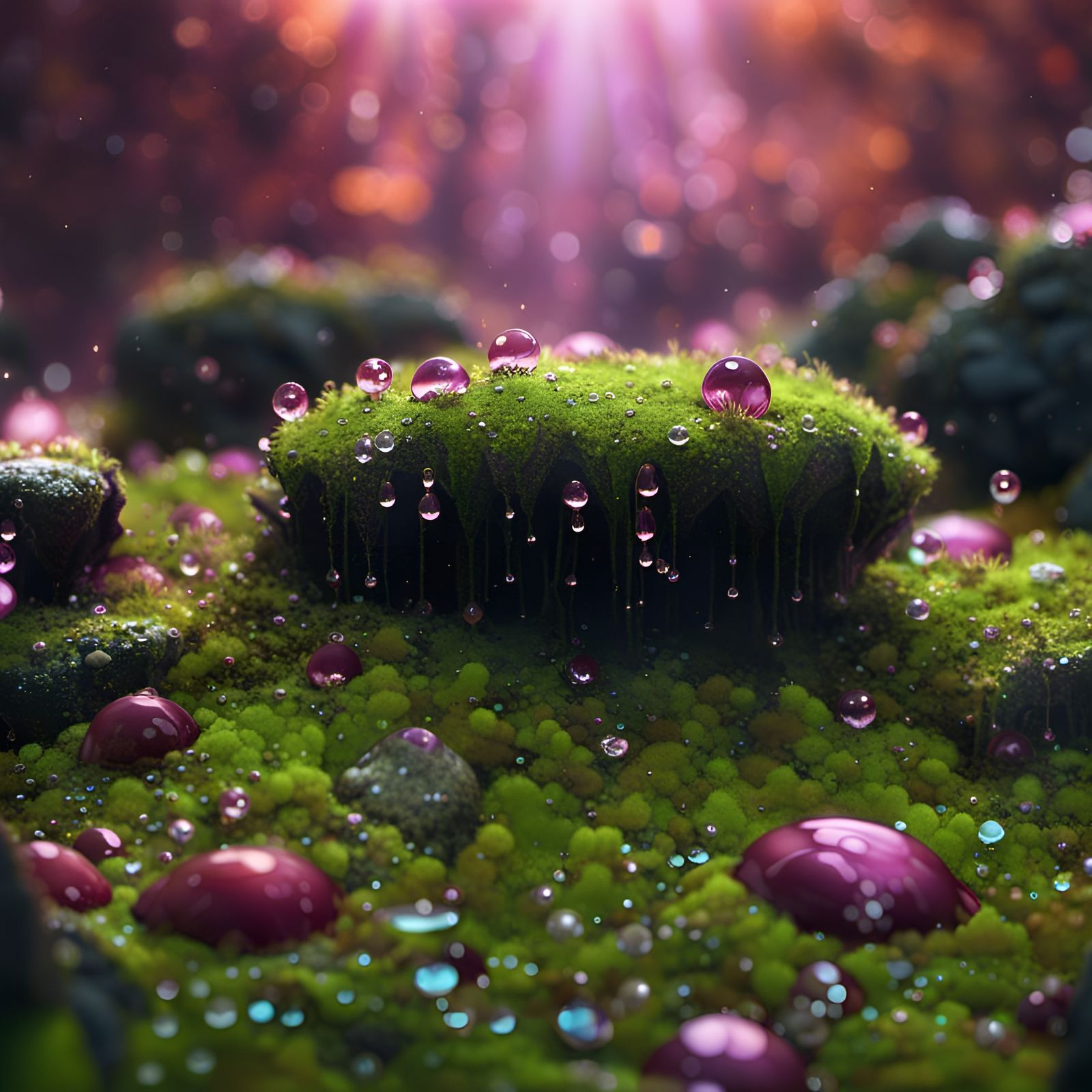 Glittering Dew Drops on Moss: Detailed Matte Painting