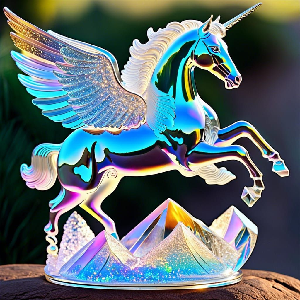 Iridescent Glass Pegasus Flying Over Mountains