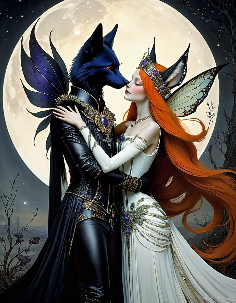 Ethereal Fae Fox Royals Embracing in a Dreamlike Landscape