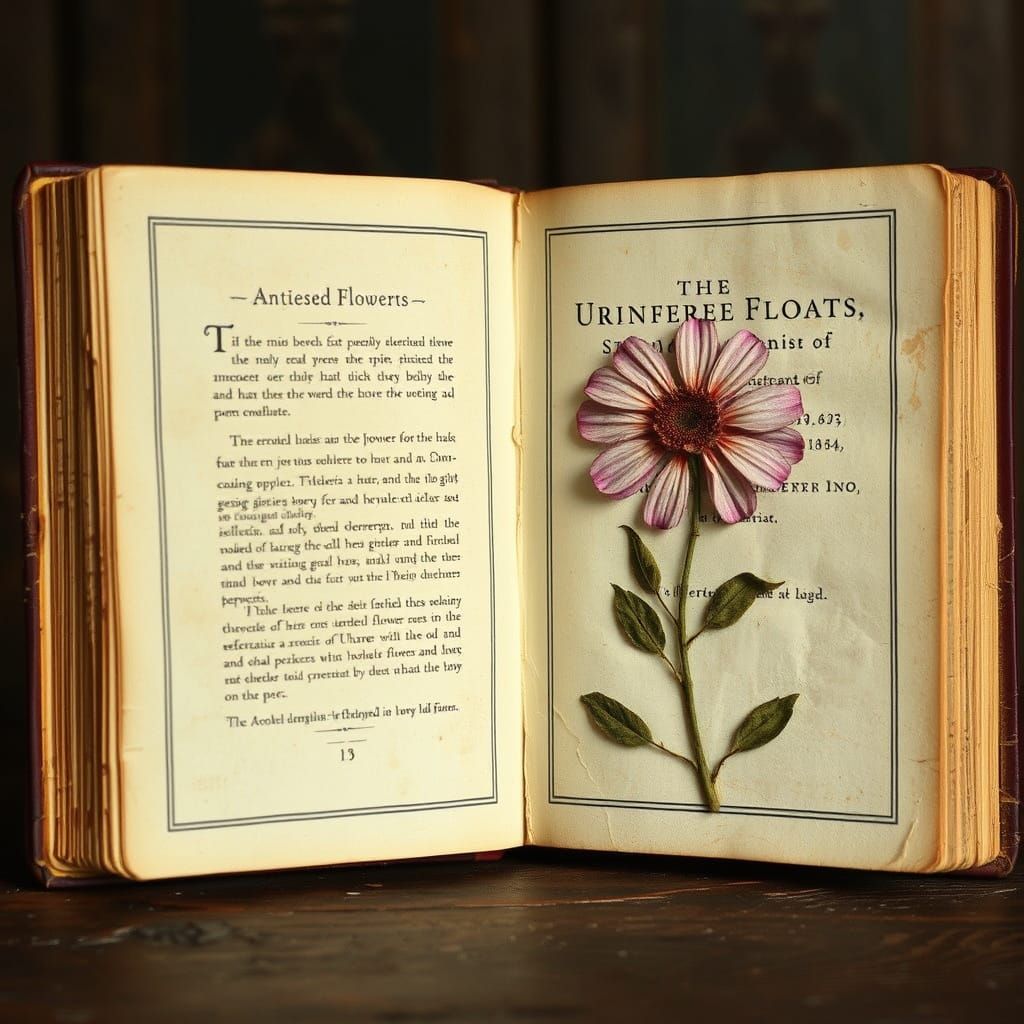 Antique Book with Pressed Flower in Mixed Media