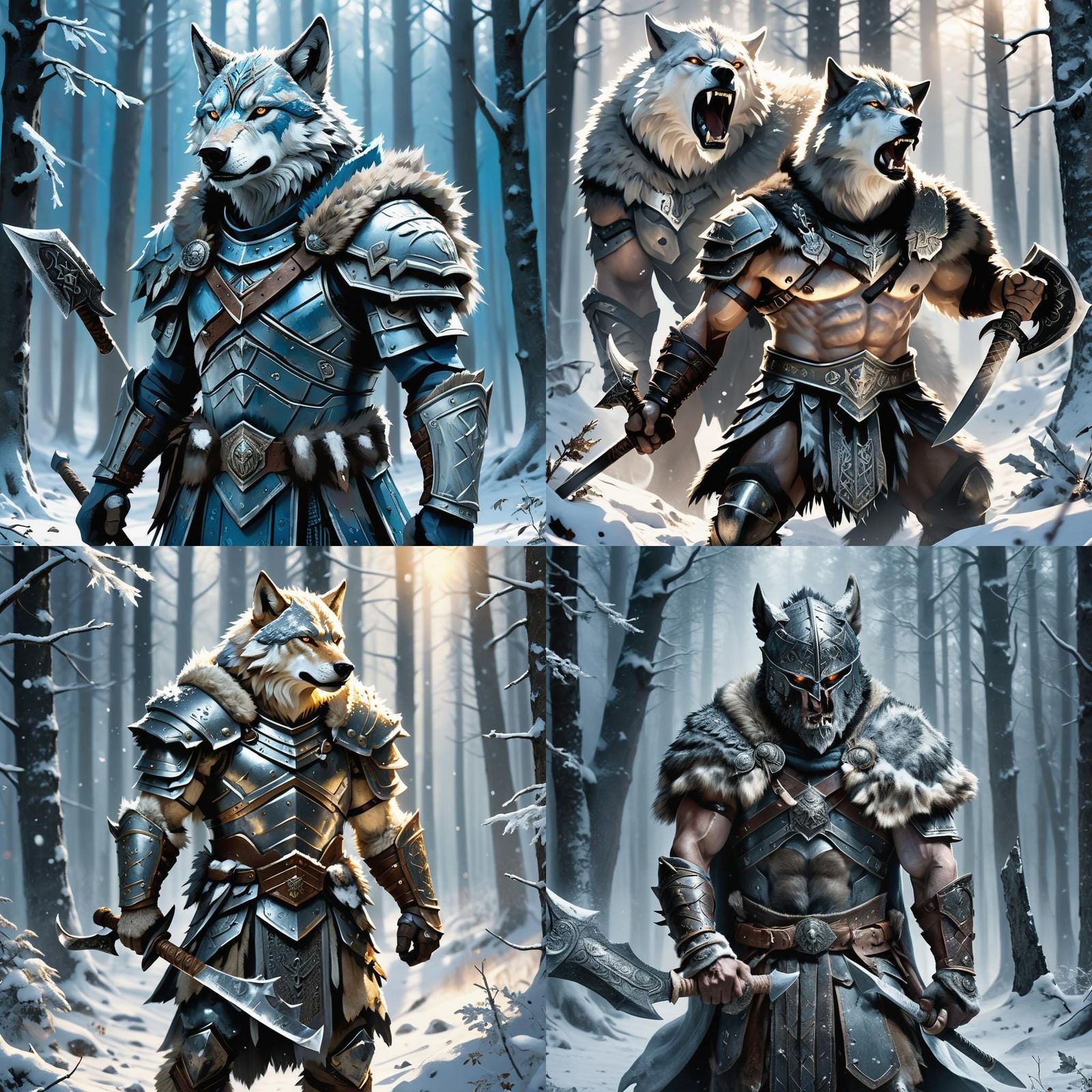 Wolf Gladiator in Snowy Forest: Hyperrealistic Concept Art