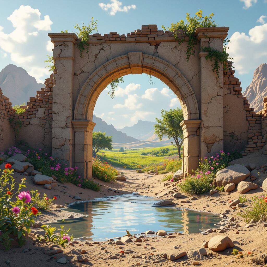 Ancient Gate Reflects Lush Meadow: 3D Game Art