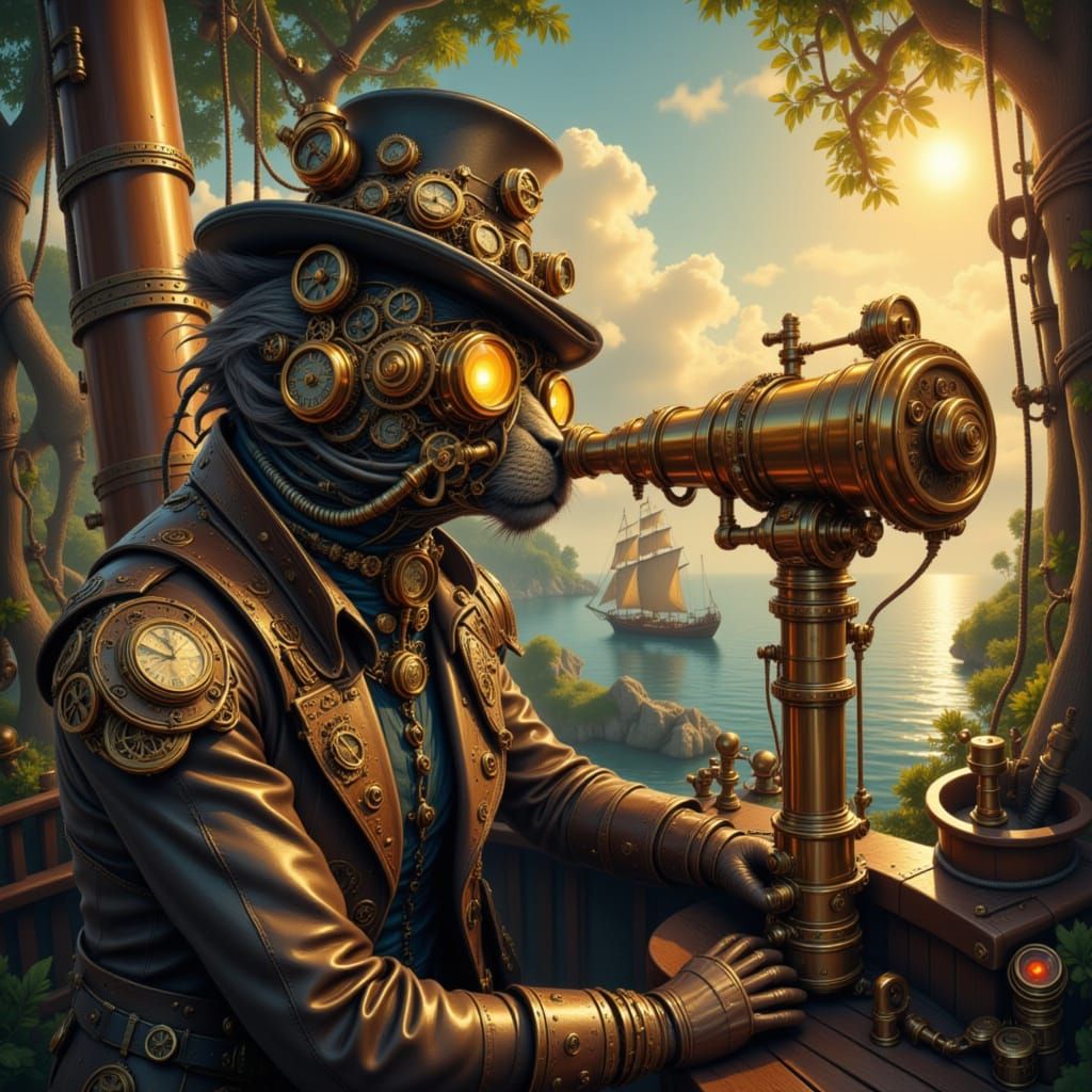 <lora:Steampunk:1.0> Dans un bateau GOTHIQUE, le géant GULLIVER REGARDE DANS UNE LONGUE VUE STEAMPUNK , un voilier au lo...