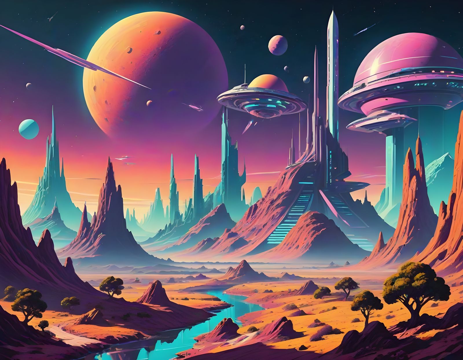 Neon Dreams of a Distant Galaxy in Retro Futurism Style