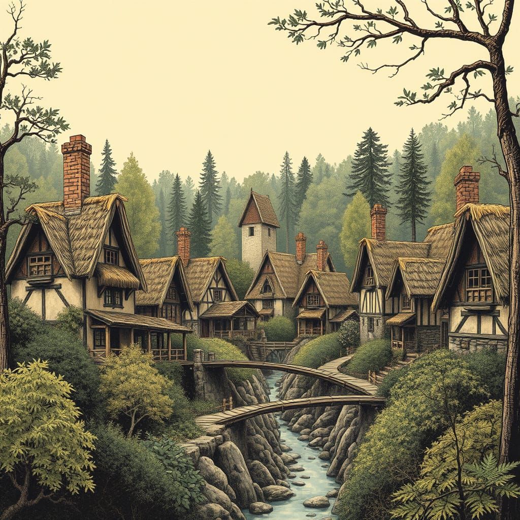 Medieval Thatched Village in Traditional Woodcut Style